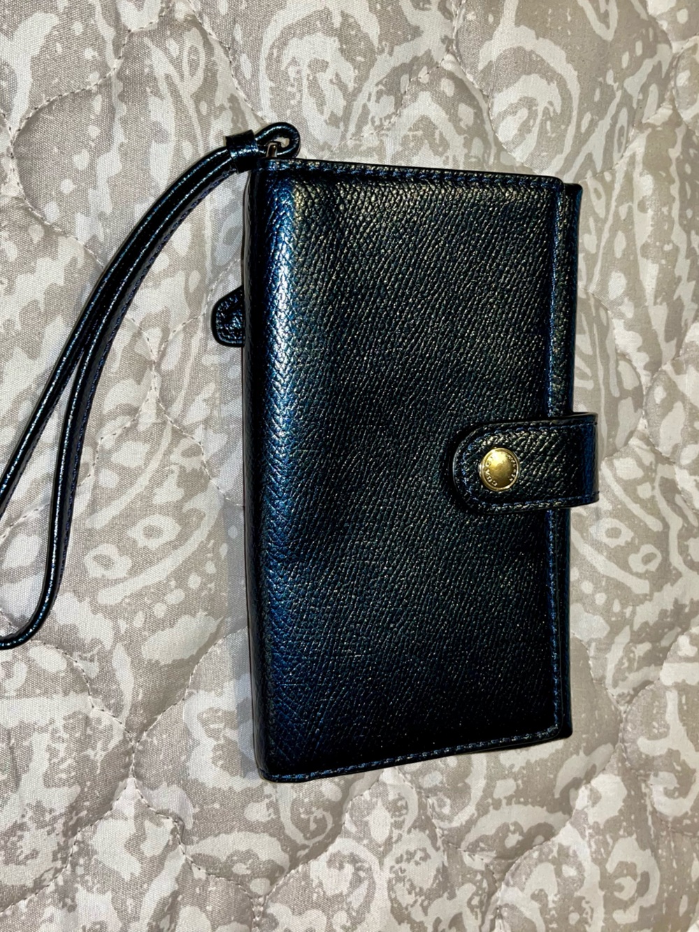 Coach Navy Metallic Leather Wallet Case with Wrist Strap